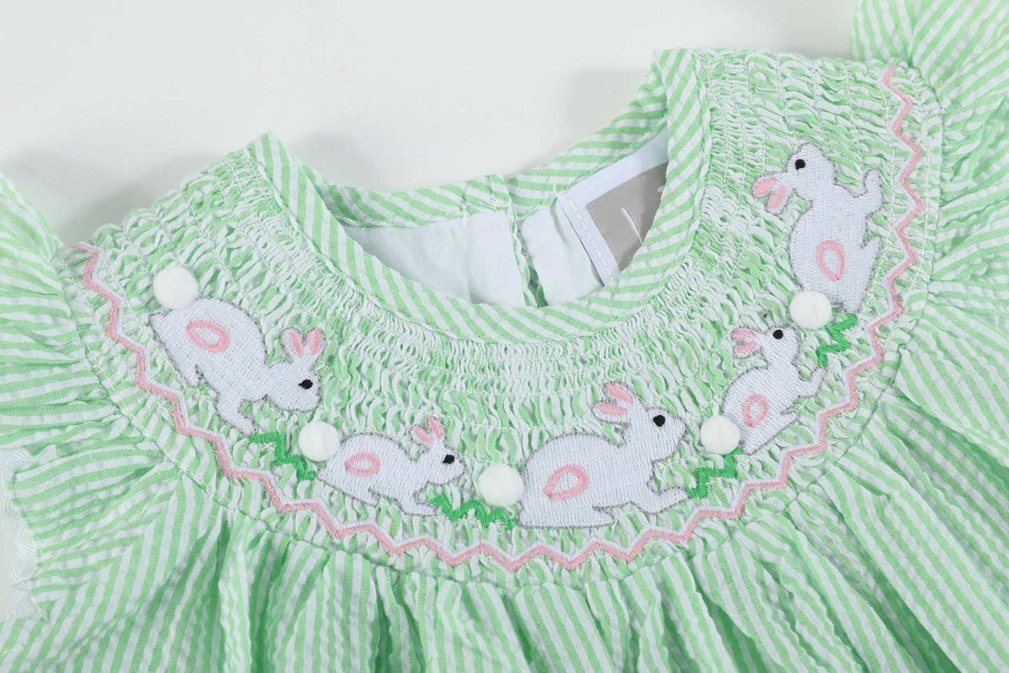 Green Seersucker Easter Bunny Smocked Bishop Dress