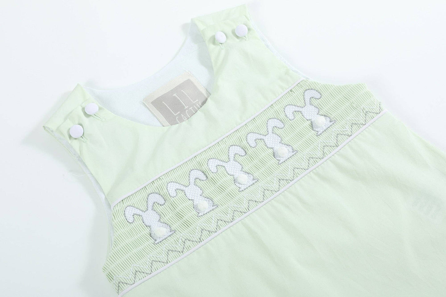 Honeydew Green Bunny Smocked Shortalls
